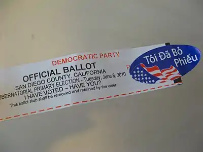An &quot;I Voted&quot; sticker for voters in San Diego County, California
