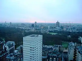 View of Buckingham Palace and other London landmarks from the 27th floor of London Hilton on Park Lane