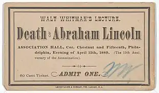 A piece of paper labeled "Walt Whitman's Lecture. Death of Abraham Lincoln"