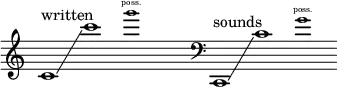 {
\new Staff \with { \remove "Time_signature_engraver" }
\clef treble \key c \major \cadenzaOn
c'1 ^ \markup "written" \glissando c'''1
\tweak font-size #-2 g'''1 \finger \markup \text "poss."
\hide r1
\clef bass c,1 ^ \markup "sounds" \glissando c'1
\tweak font-size #-2 g'1 \finger \markup \text "poss."
}
