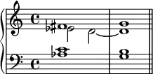 {
\new PianoStaff <<
\new Staff <<
\new Voice \relative c' {
\clef treble \key c \major \time 4/4
\voiceOne fis1 g
}
\new Voice \relative c' {
\clef treble \key c \major \time 4/4
\voiceTwo es2 d2~ d1
}
>>
\new Staff <<
\relative c' {
\clef bass \key c \major \time 4/4
<aes c>1
<g b> \bar "||"
}
>>
>> }