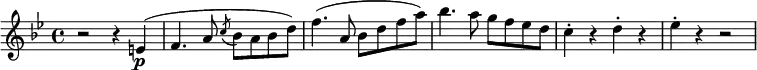 \relative e' {
\key bes \major \time 4/4
r2 r4 e( \p
f4. a8 \acciaccatura c8 bes a bes d)
f4.( a,8 bes d f a)
bes4.( a8 g f es d(
c4-. r d-. r
es4-. r r2
}