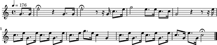 {
#(set-default-paper-size "a5")
#(set-global-staff-size 15)
\override Score.SpacingSpanner #'common-shortest-duration = #(ly:make-moment 1 8)
\tempo 4 = 176
\set Staff.midiInstrument = #"trumpet"
\relative g' {\partial 4 g8. g16 e'2\fermata r4 g,8. g16 e'2\fermata r8 r16 g,16 c8. e16 g2 e8. e16 c8. c16 g2 r4 r8 r16 e'16 %\break
c8. e16 g,8. e'16 c8. e16 g,8. e'16 c8. e16 g8. e16 c4 g4 c8. e16 g,8. e'16 c8. e16 g,8. e'16 c8. g16 e'8. g,16 c2\fermata \bar "|."}
}