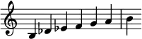 {
\override Score.TimeSignature #'stencil = ##f
\relative c' {
\clef treble \time 6/4
b4 des es f g a b
} }