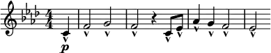 \relative c' { \clef treble \numericTimeSignature \key f \minor \time 4/4
\partial 4*1 c\p-^ | f2-^ g-^ | f-^ r4 c8-^ ees-^ | aes4-^ g-^ f2-^ | ees-^ }