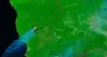 Chetco Bar Fire in Brookings effect wind on August 19, 2017, MODIS Terra 721 false color, infrared satellite image.
