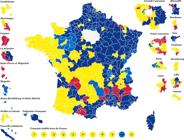 Candidats arrivés en tête dans chaque circonscription législative au 1er tour.