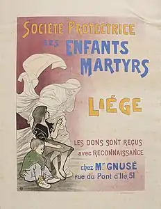 Société protectrice des enfants martyrs, vers 1900 (Lithographie en couleurs ; Inv. Renardy nº B-48 ; 54&nbsp;×&nbsp;32&nbsp;cm), Barcelone, Musée national d'Art de Catalogne