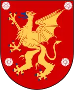 Blason de la province suédoise d'Östergötland, représentant un griffon jaune aux ailes de dragon et à la langue et aux doigts bleus, entouré de quatre fleurs blanches.