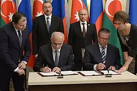 Şahin Mustafayev lors de la rencontre entre Vladimir Poutine et le président de la République d'Azerbaïdjan Ilham Aliyev.