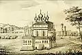 L'église, avec le palais des Stroganov en arrière-plan. Dessin du  XIXe&nbsp;siècle.
