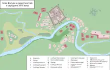 La foreresse carrée se trouve à l'ouest de l'Oskol. Des constructions s'étendent le long de la rivière.