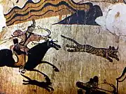 Peinture murale. Chasseurs Parthes. Tombe de Muyong, Koguryo. Ve&nbsp;siècle. Ji'an (Jilin), actuellement en Chine