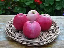 Panier contenant quatre pommes de couleur rouge et jaune.