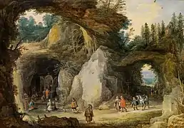 Paysage de montagne avec des pèlerins dans une chapelle de la grotte, c. 1616, musée Liechtenstein, Vienne.