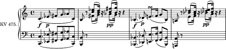 \version "2.14.2"
\header {
tagline = ##f
}
upper = \relative c' {
\clef "treble"
\tempo "Adagio"
\key c \major
\time 4/4
\set Staff.midiInstrument = #"piano"
c4.\f (ees8\p fis g aes c,)
\stemUp b r8 < c' ees> ^(< b d>16) r16 <c fis>8 ^(<b g'>16) r16 r4
bes,4.\f (des8)\p e!8.\turn (f16 g8 bes,)
a!8 r8 < bes' des> ^(< a c>16) r16 <des e!>8 ^ (<c f>16) r16 r4
}
lower = \relative c {
\clef "bass"
\key c \major
\time 4/4
\tempo 4 = 50
\set Staff.midiInstrument = #"piano"
<c, c'>4. (<ees ees'>8 <fis fis'> <g g'> <aes aes'> <c, c'>)
<b b'> r8 \change Staff = "upper" \stemDown fis'''8 _(g16) r16 aes8\pp _(g16) r16 \change Staff = "lower" s4
\stemUp <bes,,, bes'>4. (<des des'>8) <e! e'>8. <f f'>16 (<g g'>8 <bes, bes'>)
<a! a'> r8 \change Staff = "upper" \stemDown e'''8 _(f16) r16 bes!8\pp _(a16) r16 \change Staff = "lower" s4
}
\score {
\new PianoStaff <<
\set PianoStaff.instrumentName = #"KV 475."
\new Staff = "upper" \upper
\new Staff = "lower" \lower
>>
\layout {
\context {
\Score
\remove "Metronome_mark_engraver"
}
}
\midi { }
}