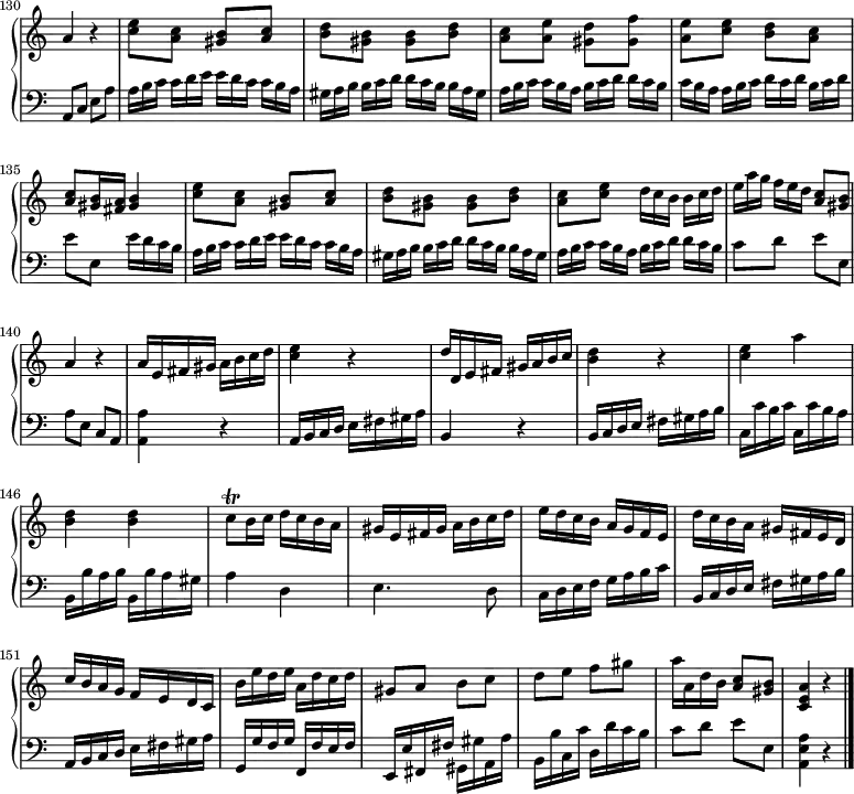 
\version "2.18.2"
\header {
  tagline = ##f
  % composer = "Domenico Scarlatti"
  % opus = "K. 61"
  % meter = ""
}

%% les petites notes
trillCq       = { \tag #'print { c8\trill } \tag #'midi { d32 c d c } }

upper = \relative c'' {
  \clef treble 
  \key a \minor
  \time 2/4
  \tempo 4 = 88
  \omit Staff.TimeSignature
  \set Staff.midiInstrument = #"harpsichord"
  \override TupletBracket.bracket-visibility = ##f
  \omit TupletNumber

      % ms. 130
      a4 r4  |
      % ms. 131
      < c e >8 < a c > < gis b > < a c > | < b d > < gis b > q < b d > |
      % ms. 133
      < a c >8 < a e' > < gis d' > < gis f' > | < a e' > < c e > < b d > < a c > | < a c > < gis b >16 < fis a > < gis b >4 | 
      % ms. 136
      < c e >8 < a c > < gis b > < a c > | < b d > < gis b > q < b d > | < a c > < c e >  \times 2/3 { d16[ c b]  b16 c d  } \times 2/3 { e16[ a g] f16 e d } < a c >8 < gis b >  | a4 r4 |
      % ms. 141
      a16 e fis gis a b c d | < c e >4 r4 | d16 d, e fis gis a b c | < b d >4 r4 | < c e >4  a' | < b, d > q |
      % ms. 147
      \trillCq b16 c d c b a | gis e fis gis a b c d | e d c b  a g f e | d' c b a gis fis e d | c' b a g f e d c |
      % ms. 152
      b'16 e d e  a, d c d | gis,8 a b c d e f gis | a16 a, d b < a c >8   \tempo 4 = 60 < gis b > |   \tempo 4 = 40 < c, e a >4 r4 \bar "|." 

}

lower = \relative c' {
  \clef bass
  \key a \minor
  \time 2/4
  \omit Staff.TimeSignature
  \set Staff.midiInstrument = #"harpsichord"
  \override TupletBracket.bracket-visibility = ##f
  \set Score.currentBarNumber = #130
  \omit TupletNumber
    \bar ""

      % ms. 130
    % ************************************** \appoggiatura a16  \repeat unfold 2 {  } \times 2/3 { }   \omit TupletNumber 
      a,8 c e a  |  \times 2/3 { a16 b c  c16[ d e] }  \times 2/3 { e16 d c  c16[ b a] }  |  \times 2/3 { gis16 a b b16[ c d] }  \times 2/3 { d16 c b  b16[ a gis] } |
      % ms. 133
      \times 2/3 { a16 b c c16[ b a] }  \times 2/3 { b16 c d  d16[ c b] }  | \times 2/3 { c16 b a a16[ b c] }  \times 2/3 { d16 c d  b16[ c d] }   | e8 e, e'16 d c b | 
      % ms. 136
      \times 2/3 { a16 b c  c16[ d e] }  \times 2/3 { e16 d c  c16[ b a] }  |  \times 2/3 { gis16 a b b16[ c d] }  \times 2/3 { d16 c b  b16[ a gis] } | \times 2/3 { a16 b c c16[ b a] }  \times 2/3 { b16 c d  d16[ c b] } 
      % ms. 139
      c8 d e e, | a e c a | < a a' >4 r4 | 
      % ms. 142
      a16 b c d e fis gis a | b,4 r4 | b16 c d e fis gis a b | c, c' b c c, c' b a | b, b' a b b, b' a gis |
      % ms. 147
      a4 d, | e4. d8 | c16 d e f g a b c | b, c d e fis gis a b | a, b c d e fis gis a | 
      % ms. 152
      g,16 g' f g f, f' e f | e, e' fis, fis' gis, gis' a, a' | b, b' c, c' d, d' c b | c8 d e e, | < a, e' a >4-\tweak stencil ##f \p r4 |

}

thePianoStaff = \new PianoStaff <<
    %\set PianoStaff.instrumentName = #"Clav."
    \new Staff = "upper" \upper
    \new Staff = "lower" \lower
  >>

\score {
  \keepWithTag #'print \thePianoStaff
  \layout {
      indent = #0
      #(layout-set-staff-size 17)
    \context {
      \Score
      \override SpacingSpanner.common-shortest-duration = #(ly:make-moment 1/2)
      \remove "Metronome_mark_engraver"
      \remove "Time_signature_engraver"
    }
  }
}

\score {
  \keepWithTag #'midi \thePianoStaff
  \midi { }
}
