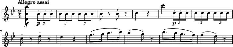 \relative c'' {
\version "2.18.2"
\key bes \major
\time 2/4
\tempo "Allegro assai"
\tempo 4 = 160
<d, bes' bes'>4 \f \tuplet 3/2 {bes'8-.\p bes-. bes-. }
\tuplet 3/2 {bes bes bes} \tuplet 3/2 {bes bes bes}
bes8-! r8 bes8-! r8
c4 r4
c' \tuplet 3/2 {c,8-.\p c-. c-. }
\tuplet 3/2 {c c c} \tuplet 3/2 {c c c}
c8-! r8 ees-! r8
d4 r4
f8. (g16 a8. bes16)
a4 (g8) r8
bes8. (a16 g8. f16)
f4 (ees8) r8
}