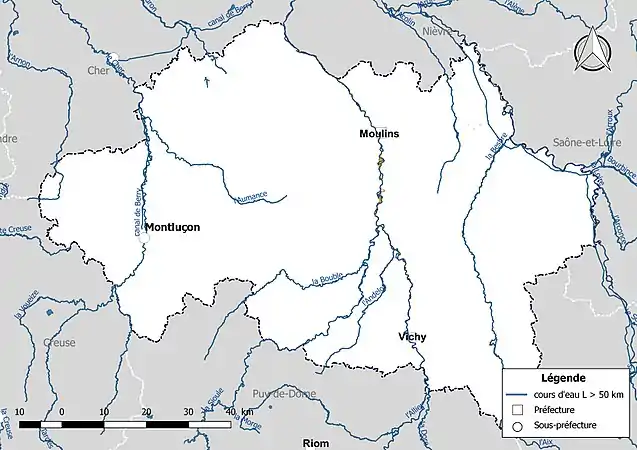 Carte des cours d'eau de longueur supérieure à 50&nbsp;km de l'Allier.