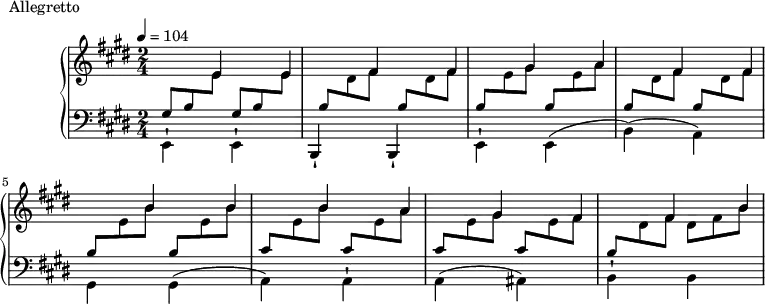 
\header {
  tagline = ##f
\version "2.18.2"
}

       %%Montgeroult — Étude 5 (pdf p. 24)
Nhaut = \new Staff ="haut" 
 << \new Voice % VOIX HAUTE EN NOIRES
 { \key e \major
   \tempo 4 = 104
   s1*0  % pour pouvoir utiliser \change Staff sur les premières notes 
      \tuplet 3/2 { s8 s \hide Flag e'8} \tuplet 3/2 { s8 s e'} 
      \tuplet 3/2 { s8 s \hide Flag fis'8} \tuplet 3/2 { s8 s fis'} 
      \tuplet 3/2 { s8 s \hide Flag gis'8} \tuplet 3/2 { s8 s a'} 
      \tuplet 3/2 { s8 s \hide Flag fis'8} \tuplet 3/2 { s8 s fis'} 

      \tuplet 3/2 { s8 s \hide Flag \stemUp b'8} \tuplet 3/2 { s8 s b'}
      \tuplet 3/2 { s8 s \hide Flag b'8} \tuplet 3/2 { s8 s a'}
      \tuplet 3/2 { s8 s \hide Flag gis'8} \tuplet 3/2 { s8 s fis'}
      \tuplet 3/2 { s8 s \hide Flag fis'8} \tuplet 3/2 { s8 s b'} 
   } 
  \new Voice  % VOIX EN TRIOLETS
   { \clef treble  \time 2/4  s1*0                     
     \change Staff = "bas"  \tuplet 3/2 {gis8 b \change Staff = "haut"  e'} 
   \change Staff = "bas"   \tuplet 3/2 {gis8 b \change Staff = "haut"   e'}
    \change Staff = "bas"  \tuplet 3/2 {b8  \change Staff = "haut"   dis' fis'} 
   \change Staff = "bas"   \tuplet 3/2 {b8  \change Staff = "haut"   dis' fis'} 
     \change Staff = "bas"   \tuplet 3/2 {b8  \change Staff = "haut"   e' gis'} 
    \change Staff = "bas"   \tuplet 3/2 {b8  \change Staff = "haut"   e' a'} 

    \change Staff = "bas"  \tuplet 3/2 {b8  \change Staff = "haut"   dis' fis'} 
    \change Staff = "bas"  \tuplet 3/2 {b8  \change Staff = "haut"   dis' fis'} 
    \change Staff = "bas"  \tuplet 3/2 {b8  \change Staff = "haut"   e'  b'} 
    \change Staff = "bas"  \tuplet 3/2 {b8  \change Staff = "haut"   e'  b'}
    \change Staff = "bas"  \tuplet 3/2 {cis'8  \change Staff = "haut"   e' b'}
    \change Staff = "bas"  \tuplet 3/2 {cis'8  \change Staff = "haut"   e' a'}
    \change Staff = "bas"  \tuplet 3/2 {cis'8  \change Staff = "haut"   e' gis' }
    \change Staff = "bas"  \tuplet 3/2 {cis'8  \change Staff = "haut"   e' fis' }
    \change Staff = "bas"  \tuplet 3/2 {b8  \change Staff = "haut"   dis' fis'}
    \stemDown \tuplet 3/2 {dis'8  fis' b'}
 }>>

Nbas = \new Staff="bas"  \new Voice  { \clef bass  \key e \major \relative c {
  s1*0  
  \stemDown e,4-! e-! \stemUp b-! b-! \stemDown e-! e( b')( a) gis gis( a) a-! a( ais) b-! b( 
  }
}

  \header {
    piece = "Allegretto"
  }

\score {
 \new PianoStaff   \with {
     \omit TupletNumber
     \override Beam.auto-knee-gap = #2
   }
  << 
 \Nhaut
 \Nbas
  >>
  \layout {
    \context {
      \Score
      
    }
  }
  \midi { }
   }
