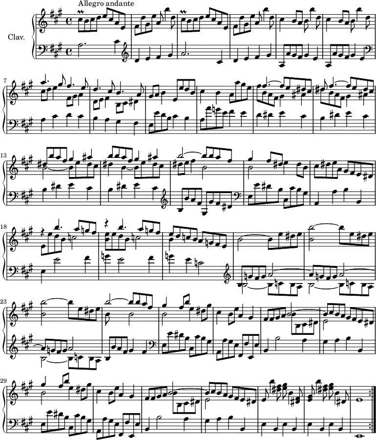 
\version "2.18.2"
\header {
  tagline = ##f
  % composer = "Domenico Scarlatti"
  % opus = "K. 343"
  % meter = "Allegro andante"
}

%% les petites notes
trillCisq       = { \tag #'print { cis8\prall } \tag #'midi { d32 cis d cis } }

upper = \relative c'' {
  \clef treble 
  \key a \major
  \time 4/4
  \tempo 2 = 72

  \repeat volta 2 {
      s8*0^\markup{Allegro andante}
      \repeat unfold 2 { \trillCisq b8 cis d e cis a e |
      % ms. 4
      fis d' gis, e' a, b'4 d,8 } | \repeat unfold 2 { cis4 b8 a b b'4 d,8 } |
      << { a'4. gis8 fis4. e8 | d4. cis8 b4. a8 } 
       \\ { cis8 d e4 fis,8 gis a4 | d,8 e fis4 b,8 cis dis4 } >>
      % ms. 9
      gis8 a b4 e,8 e' d b | cis4 b a8 a' gis e |
      % ms. 11
      << { s8 fis4.~ fis8 e dis cis | dis fis4.~ fis8 e dis cis | dis b' a fis gis4 ais | b8 b a fis gis4 ais | b2~ b8 b a fis | gis4 fis8 dis } 
       \\ { fis8 b, a fis gis4 ais | dis8 b a fis gis4 ais | b2~ b8 e dis cis | dis4 b~ b8 e dis cis | dis e fis4 b,2 | b2 } >>
      % ms. 16 suite
      e4  dis8 b | cis dis e a, gis fis e dis |
      << { r4 b''4. a8 g fis | r4 b4. a8 g fis } 
       \\ { e,8 e' d b c2 | < b e >8 e d b c2 } >>
      % ms. 20
      << { e8 d c b } \\ { b4 } >> a8 g fis e | b'2~ b8 e dis e | \repeat unfold 2 { < b b' >2~ b'8 e, dis e } | 
      % ms. 24
      << { b'2~ b8 b a fis } \\ { b,8 s8  s4 b2 } >> |
      \repeat unfold 2 { << { gis'4 fis8 b } \\ { b,2 e4 } >> dis8 gis | cis,4 b8 e a,4 gis |
      % ms. 27
      fis8 fis gis a 
      << { b2~ | b8 cis b a } \\ { b8 b, cis dis | e2 } >> gis8 fis e dis }%finrepet |
      % ms. 33
      e8 b''4 < dis, fis >8 < e gis > b4 < dis, fis >8 | < e gis > b''4 < dis, fis >8 < e gis > b4 dis,8 | e1 }%repet

}

lower = \relative c' {
  \clef bass
  \key a \major
  \time 4/4

  \repeat volta 2 {
    % ************************************** \appoggiatura a16  \repeat unfold 2 {  } \times 2/3 { }   \omit TupletNumber 
      a2. cis4   \clef treble  | d e fis gis | a2. cis,4 |
      % ms. 4
      d4 e fis gis | \repeat unfold 2 { a,8 a' gis fis gis4 e }   \clef bass | a,4 cis d cis |
      % ms. 8
      b4 a gis fis | e8 e' d b cis4 b | a8 a' g e fis4 e | d dis e cis |
      % ms. 12
      \repeat unfold 3 { b4 dis e cis } \clef treble  | b8 b' a fis gis, gis' fis dis   \clef bass |
      % ms. 16
      e,8 e' dis b cis, cis' b gis | a,4 a' b b, | e e'2 fis4 | g e2 fis4 |
      % ms. 20
      g4 e c2 \clef treble   | << { b8 \repeat unfold 2 { g' fis g a2~ | a8 } g fis g a2 } \\ { \repeat unfold 3 { b,2~ b8 c b a } | } >>
      % ms. 24
      b8 b' a fis gis4 fis   \clef bass  | \repeat unfold 2 { e,8 e' dis b cis, cis' b gis | a, a' gis e fis, fis' e, e' | b4 b'2 a4 |
      % ms. 28
      gis4 a b b, }|
      % ms. 33
      \repeat unfold 4 { e b } | e,1 }%repet

}

thePianoStaff = \new PianoStaff <<
    \set PianoStaff.instrumentName = #"Clav."
    \new Staff = "upper" \upper
    \new Staff = "lower" \lower
  >>

\score {
  \keepWithTag #'print \thePianoStaff
  \layout {
      #(layout-set-staff-size 17)
    \context {
      \Score
     \override TupletBracket.bracket-visibility = ##f
     \override SpacingSpanner.common-shortest-duration = #(ly:make-moment 1/2)
      \remove "Metronome_mark_engraver"
    }
  }
}

\score {
  \unfoldRepeats
  \keepWithTag #'midi \thePianoStaff
  \midi { \set Staff.midiInstrument = #"harpsichord" }
}

