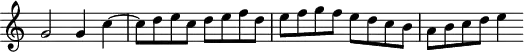 \version "2.14.2"
\header {
tagline = ##f
}
\score {
\new Staff \with {
\remove "Time_signature_engraver"
}
\relative c'' {
\key c \major
\time 4/4
\tempo 4 = 92
%\autoBeamOff
\clef treble
\override Rest #'style = #'classical
% Ricercare no 6
g2 g4 c4~ | c8 d e c d | e f d e f g f e d c b a b c d e4 |
}
\layout {
\context {
\Score
\remove "Metronome_mark_engraver"
}
}
\midi {}
}