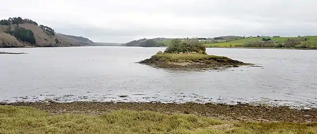 L'Aulne maritime et l'îlot situé au niveau de l'ancien passage de l'Aulne entre Rosnoën et Dinéault.