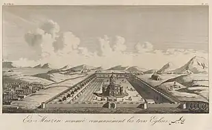 Vue d'une église entourée d'un grand parc et de murs