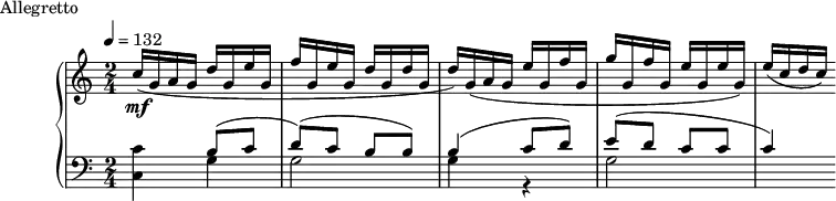 
\version "2.18.2"
\header {
  tagline = ##f
}
upper = \relative c'' {
  \clef treble 
  \key c \major
  \time 2/4
  \tempo 4 = 132
  \override TupletBracket.bracket-visibility = ##f

   %%Montgeroult — Étude 7 (pdf p. 26)
   c16(\mf g a g \stemUp d' g, e' g, | f' g, e' g,  d' g, d' g, d') g,( a g e' g, f' g, g' g, f' g, e' g, e' g,) e'( c d c)

}

lower = \relative c' {
  \clef bass
  \key c \major
  \time 2/4

  < c c, >4 << { b8( c d)( c b b) b4( c8 d) e( d c c c4) } \\ { g4 g2 g4 r4 g2  } >>

}

  \header {
    piece = "Allegretto"
  }

\score {
  \new PianoStaff <<
    \new Staff = "upper" \upper
    \new Staff = "lower" \lower
  >>
  \layout {
    \context {
      \Score
      
    }
  }
  \midi { }
}
