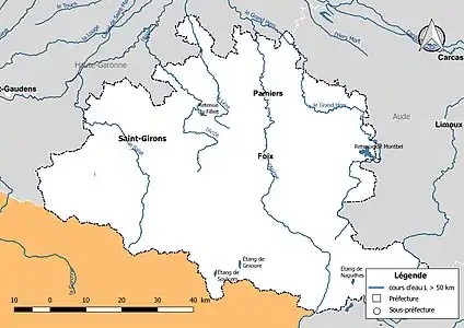 Carte des cours d'eau de longueur supérieure à 50&nbsp;km de l’Ariège.