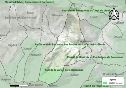 Carte des ZNIEFF de type 1 sur la commune.