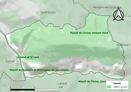 Carte des ZNIEFF de type 1 sur la commune.