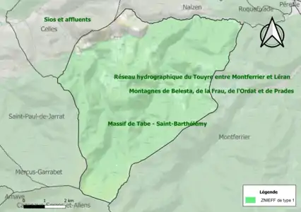 Carte des ZNIEFF de type 1 sur la commune.