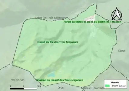 Carte des ZNIEFF de type 1 sur la commune.