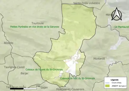 Carte des ZNIEFF de type 2 sur la commune.