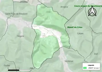 Carte de la ZNIEFF de type 1 sur la commune.