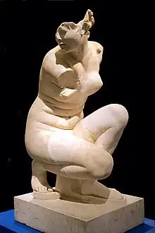 Vue de trois quart face sur le marbre d'une Aphrodite nue, sortant du bain accroupie. Le corps de face, visage tourné vers sa droite. Sur la pointe du pied droit, le gauche étant à plat. Fond noir. Marbre, H. 1,06&nbsp;m. Réplique romaine d'une statue originale hellénistique de la seconde moitié du IIIe&nbsp;siècle avant l'ère commune.