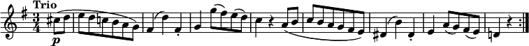 \relative c'' {
\version "2.18.2"
\key g \major
\time 3/4
\tempo "Trio"
\tempo 4 = 160
\partial 4
cis8 \p (d e d c! b a g)
fis4 (d') fis,-.
g g'8 (fis) e (d)
c4 r a8 (b c b a g fis e)
dis4 (b') dis,-.
e a8 (g) fis (e)
d!4 r \bar ":|."
}