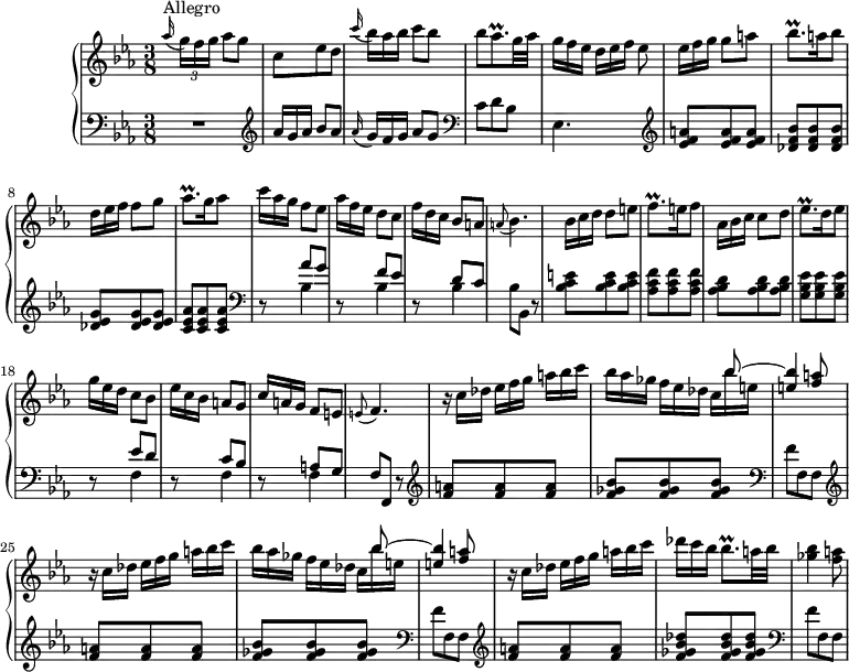 
\version "2.18.2"
\header {
  tagline = ##f
}

% petites notes
prallAesqp    = { \tag #'print { aes8.\prall } \tag #'midi { bes32 aes bes aes~ aes16 } }
prallBesqp    = { \tag #'print { bes8.\prall } \tag #'midi { c32 bes c bes~ bes16 } }
prallFqp      = { \tag #'print { f8.\prall } \tag #'midi { g32 f g f~ f16 } }
prallEesqp    = { \tag #'print { ees8.\prall } \tag #'midi { f32 ees f ees~ ees16 } }
prallBesAppo  = { \tag #'print { \appoggiatura a8 bes4. } \tag #'midi { a4  \tempo 4. = 35 bes8 } }
prallFAppo    = { \tag #'print { \appoggiatura e8 f4. } \tag #'midi { e4  \tempo 4. = 35 f8 } }

upper = \relative c'' {
  \clef treble 
  \key ees \major
  \time 3/8
  \tempo 4. = 56
  \set Staff.midiInstrument = #"harpsichord"
  \override TupletBracket.bracket-visibility = ##f

     s8*0^\markup{Allegro}
     \appoggiatura aes'16 \times 2/3 { g16[ f g] } aes8 g | c, ees d |   \omit TupletNumber \times 2/3 { \appoggiatura c'16 bes16[ aes bes] } c8 bes | bes \prallAesqp g32 aes |
     % ms. 5
     \times 2/3 { g16[ f ees] d[ ees f] }   \tempo 4. = 30 ees8 |   \tempo 4. = 56 \times 2/3 { ees16[ f g] } g8 a | \prallBesqp a16 bes8 | \times 2/3 { d,16[ ees f] } f8 g | \prallAesqp g16 aes8 | \times 2/3 { c16[ aes g] } f8 ees |
     % ms. 11
     \times 2/3 { aes16[ f ees] } d8 c | \times 2/3 { f16[ d c] } bes8 a | \prallBesAppo |   \tempo 4. = 56 \times 2/3 { bes16[ c d] } d8 e | \prallFqp e16 f8 | \times 2/3 { aes,16[ bes c] } c8 d |
     % ms. 17
     \prallEesqp d16 ees8 | \times 2/3 { g16[ ees d] } c8 bes | \times 2/3 { ees16[ c bes] } a8 g | \times 2/3 { c16[ a g] } f8 e | \prallFAppo |   \tempo 4. = 56 \repeat unfold 2 { \times 2/3 { r16 c'16 des } \times 2/3 { ees[ f g] } \times 2/3 { a bes c } |
     % ms. 23
     \times 2/3 { bes16[ aes ges] } \times 2/3 { f16[ ees des] }  << { \omit TupletNumber \times 2/3 { s16 bes'8~ } < e, bes' >4 < f a >8 } \\ { \omit TupletNumber \times 2/3 { c16[ bes' e,] } } >>  } % fin de la boucle
     % ms. 27
     \times 2/3 { r16 c16 des } \times 2/3 { ees[ f g] } \times 2/3 { a bes c } | \times 2/3 { des[ c bes] } \prallBesqp a32 bes | < ges bes >4 < f a >8
     % ms. 
 
}

lower = \relative c' {
  \clef bass
  \key ees \major
  \time 3/8
  \set Staff.midiInstrument = #"harpsichord"
  \override TupletBracket.bracket-visibility = ##f
  \omit TupletNumber 

    % **************************************
     \grace s16 % bug
     R4.   \clef treble  \times 2/3 { aes'16[ g aes] } bes8 aes | \times 2/3 { \appoggiatura aes16 g16[ f g] } aes8 g |   \clef bass c,8  d bes |
     % ms. 5
     ees,4.   \clef treble < ees' f a >8 q q | < des f bes > q q | < des ees g > q q | < c ees aes > q q |   \clef bass r8 << { aes'8 g } \\ { bes,4 } >>
     % ms. 11
     r8 << { f'8 ees } \\ { bes4 } >> | r8 << { d8 c } \\ { bes4 } >> | bes8 bes, r8 | < bes' c e >8 q q | < aes c f > q q | < bes aes d > q q |
     % ms. 17
     < g bes ees >8 q q | r8 << { ees'8 d } \\ { f,4 } >> | r8 << { c'8 bes } \\ { f4 } >> | r8 << { a8 g } \\ { f4 } >> f8 f, r8 |
     % ms. 22
     \repeat unfold 2 { \clef treble < f'' a >8 q q | < f ges bes > q q |   \clef bass f8 f, f } |
     % ms. 28
      \clef treble < f' a >8 q q | < f ges bes des > q q |  \clef bass f8 f, f



} 

thePianoStaff = \new PianoStaff <<
    \set PianoStaff.instrumentName = #"Clav."
    \new Staff = "upper" \upper
    \new Staff = "lower" \lower
  >>

\score {
  \keepWithTag #'print \thePianoStaff
  \layout {
      #(layout-set-staff-size 17)
    \context {
      \Score
     \override SpacingSpanner.common-shortest-duration = #(ly:make-moment 1/2)
      \remove "Metronome_mark_engraver"
    }
  }
}

\score {
  \keepWithTag #'midi \thePianoStaff
  \midi { }
}
