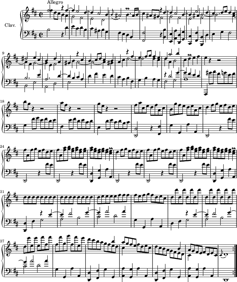 
\version "2.18.2"
\header {
  tagline = ##f
  % composer = "Domenico Scarlatti"
  % opus = "K. 497"
  % meter = "Allegro"
}

%% les petites notes
trillBp     = { \tag #'print { b4.\prall } \tag #'midi { \times 2/3 { cis16 b cis } b4 } }
trillD      = { \tag #'print { d4\prall } \tag #'midi { \times 2/3 { e16 d e } d8 } }
trillCisE   = { \tag #'print { < cis e  >4\prall } \tag #'midi { << { \times 2/3 { fis16 e fis } e8 } \\ { cis4 } >> } }
appoCisdb   = { \tag #'print { \appoggiatura cis8 d1 } \tag #'midi { cis4 d2. } }

upper = \relative c'' {
  \clef treble 
  \key b \minor
  \time 2/2
  \tempo 2 = 86

  \repeat volta 2 {
      s8*0^\markup{Allegro}
      << { fis2 r4 fis4~ | fis e2 d4~ | d cis2 b4 } 
       \\ { fis'4 d8 cis b4 a | g2 fis | e d }  >> | \appoggiatura b'8 ais2 \trillBp ais16 b |
      % ms. 5
      cis4 ais8 gis 
      << { r4 d'4~ | d cis2 b4~ | b \shiftOn ais b2_~  \shiftOn \stemDown b2. a4_~ | a fis g2_~ | g4 e }
       \\ { \stemUp s4*7 e'2 d4 | cis d8 e d4 cis | dis2 e4 cis | b } 
       \\ { \stemDown fis2 | g fis | e fis } >>
      % ms. 10 suite
      << { d'4 a } \\ { fis2 } >> gis4 b 
      << { r4 cis4 | b cis8 d cis4 b } \\ { a2~ | a~ a4 gis } >> | a4 cis 
      << { r4 fis4 | e fis8 g fis4 e } \\ { d2~ | d d4 cis } >>
      % ms. 15
      << { d4 a'2 b4  } \\ { d,4 a b2 } >> cis4 \trillD e4 fis | e r4 r2 | b'8 g r4 r2 |
      % ms. 19
      a8 fis r4 r2 | g8 e r4 r2 | fis8 a cis, e d fis a, cis | b g' fis e d e a, cis |
      % ms. 23
      \repeat unfold 2 { d4 fis8 g e fis d e | fis a, fis' g e fis d e  | fis a, < fis' a > < g b > < e g > < fis a > < d fis > < e g > | < fis a > < e g > < d fis > < e g > < d fis >4 \trillCisE }
      % ms. 31
      \repeat unfold 17 { d8 } e8 e e e fis fis fis | fis e fis g fis d e cis |
      % ms. 35
      \repeat unfold 8 {d d' } d, \repeat unfold 2 { e' e, } \repeat unfold 2 { fis' fis, } fis' g, g' fis, fis' e, e' |
      % ms. 39
      d8 cis b a 
      << { s4 b4 | a8 g fis e } \\ { g fis e d | cis4 } >>  | fis8 d e cis | d cis b a 
      << { s4 b4 | a8 g fis e } \\ { g fis e d | cis4 } >>  | fis8 d e cis | \appoCisdb }%repet

}

lower = \relative c' {
  \clef bass
  \key b \minor
  \time 2/2

  \repeat volta 2 {
    % ************************************** \appoggiatura a16  \repeat unfold 2 {  } \times 2/3 { }   \omit TupletNumber 
      b2 r4 d4 | e cis d b | cis ais b g | fis e d b |
      % ms. 5
      < fis fis' >2 r4 < b b' >4 < e, e' > < a a' > < d, d' > < g g' > | < cis, cis' > < fis fis' > < b, b' > d' | e g fis2 |
      << { b2. e4 } \\ { b,2 e } >>
      % ms. 10
      << { a2. d4~ | d b cis a } \\ { a,2 d | e2 } >> d'4 fis e d | cis a b fis | g b a g |
      % ms. 15
      << { r4 d'2 g4~ | g fis e d } \\ { fis,2 g | a1 } >> | a,,4 gis'''8 a fis g e fis | g,4 fis'8 g e fis d e |
      % ms. 19
      fis,4 e'8 fis d e cis d | e,4 d'8 e cis d b cis | < d,, d' >2 r4  < fis fis' > | g'4 g, a' a, |
      % ms. 23
      \repeat unfold 2 { \repeat unfold 3 { d,2 r4 fis''8 e } | < d,, d' >4 < g g' > a' a, } |
      % ms. 31
      < d, d' >4 fis'4 << { r4 e'4~ | e fis2 g4~ | g a2 a4 } \\ { g,2 | a b | cis d } >> | g,4 g, a' a, 
      % ms. 35
      d4 fis << { r4 e'4~ | e fis2 g4~ | g a2 a4 } \\ { g,2 | a b | cis d } >> | g,4 g, a' a, 
      % ms. 39
      \repeat unfold 2 { < d, d' >4 < fis fis' > g' g, | < a a' > < g g' > a' a, } | d,1 }%repet

}

thePianoStaff = \new PianoStaff <<
    \set PianoStaff.instrumentName = #"Clav."
    \new Staff = "upper" \upper
    \new Staff = "lower" \lower
  >>

\score {
  \keepWithTag #'print \thePianoStaff
  \layout {
      #(layout-set-staff-size 17)
    \context {
      \Score
     \override TupletBracket.bracket-visibility = ##f
     \override SpacingSpanner.common-shortest-duration = #(ly:make-moment 1/2)
      \remove "Metronome_mark_engraver"
    }
  }
}

\score {
  \unfoldRepeats 
  \keepWithTag #'midi \thePianoStaff
  \midi { \set Staff.midiInstrument = #"harpsichord" }
}
