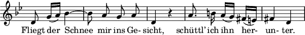 
\header {
  tagline = ##f
}

\score {
  \new Staff \with {
    \remove "Time_signature_engraver"
  }
<<
  \relative c' {
    \key g \minor
    \time 2/4
    \set Score.currentBarNumber = #5
    \override TupletBracket #'bracket-visibility = ##f
    \autoBeamOff

     %%%%%%%%%%%%%%%%%%%%%%%%%% no 22 Mut
     d8 g16[( a)] bes4~ | bes8 a g a | d,4 r4 | a'8. b!16 a16[( g)] fis[( e!)] | fis4 d |

  }

  \addlyrics {
     Fliegt der_ Schnee_ mir ins Ge- sicht, schüttl’ ich ihn her- un- ter.
  }
>>
  \layout {
    \context {
      \remove "Metronome_mark_engraver"
    }
  }
  \midi {}
}

