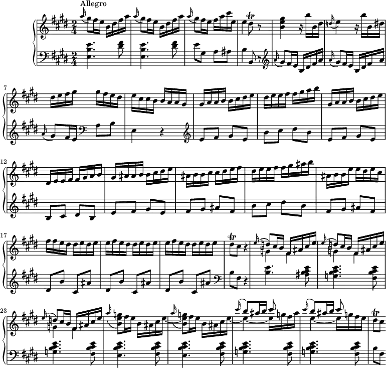 
\version "2.18.2"
\header {
  tagline = ##f
  % composer = "Domenico Scarlatti"
  % opus = "K. 134"
  % meter = "Allegro"
}

%% les petites notes
trillDisq       = { \tag #'print { dis8\trill } \tag #'midi { e32 dis e dis } }

upper = \relative c'' {
  \clef treble 
  \key e \major
  \time 2/4
  \tempo 4 = 82
  \set Staff.midiInstrument = #"harpsichord"
  \override TupletBracket.bracket-visibility = ##f

      s8*0^\markup{Allegro}
      \repeat unfold 2 { \appoggiatura a'16 gis8 fis16 e b dis fis a } | \appoggiatura a16 gis8 fis16 e fis a cis e, | e4 \trillDisq r8 |
      % ms. 5
      < b e gis >4 r16 b'16 b, dis | \appoggiatura d16 e4 r16 b'16 b, dis | dis e fis gis gis fis e dis | e cis cis b b a a gis | gis a a b b cis dis e |
      % ms. 10
      dis16 e e fis fis gis a b | gis, a a b b cis dis e | dis,16 e e fis fis gis a b | gis ais ais b b cis dis e | ais, b b cis cis dis e fis |
      % ms. 15
      dis16 e e fis fis gis ais b | ais, b b e e dis e cis | fis fis e dis dis e dis e | \repeat unfold 2 { e fis e dis dis e dis e }
      % ms. 20
      \trillDisq cis8 r4 | \repeat unfold 3 { << { \appoggiatura e16 \stemUp d8 cis16 b fis ais cis e } \\ { g,4 fis } >> } |
      % ms. 24
       << { s1 |  \repeat unfold 2 { \appoggiatura cis''16 \stemUp b8 ais16 b cis8 s8 } } \\ { \repeat unfold 2 { \stemUp \appoggiatura a16 \stemDown < b, e g >8 fis'16 e b ais cis e~ } | e4~ e16 g fis ais e4~ e16 g fis e   } >> | \trillDisq cis8 
}

lower = \relative c' {
  \clef bass
  \key e \major
  \time 2/4
  \set Staff.midiInstrument = #"harpsichord"
  \override TupletBracket.bracket-visibility = ##f

    % ************************************** \appoggiatura a16  \repeat unfold 2 {  } \times 2/3 { }   \omit TupletNumber 
      \grace s16 \repeat unfold 2 { < e, b' e >4. < dis' fis >8 } | e8 gis, a ais | b4 b,8 r8 |  \clef treble 
      % ms. 5
      \repeat unfold 2 { \appoggiatura a''16 gis8 fis16 e b dis fis a } | \appoggiatura a16 gis8 fis16 e   \clef bass a,8 b | e,4 r4 | \clef treble  e'8 fis gis e | 
      % ms. 10
      b'8 cis dis b | e, fis gis e | b cis dis b | e fis gis e | fis gis ais fis |
      % ms. 15
      b8 cis dis b | fis gis ais fis | \repeat unfold 3 { dis b' cis, ais' } |   \clef bass 
      % ms. 20
      b,8 fis r4 | < b e >4. < ais b cis e >8 | \repeat unfold 2 { < g b cis e >4. < fis b cis e >8 } |
      % ms. 24
      \repeat unfold 2 { < e b' cis e >4. < fis b cis e >8 }  | \repeat unfold 2 { < g b cis e >4. < fis b cis e >8 } | b fis

}

thePianoStaff = \new PianoStaff <<
    \set PianoStaff.instrumentName = #"Clav."
    \new Staff = "upper" \upper
    \new Staff = "lower" \lower
  >>

\score {
  \keepWithTag #'print \thePianoStaff
  \layout {
      #(layout-set-staff-size 17)
    \context {
      \Score
     \override SpacingSpanner.common-shortest-duration = #(ly:make-moment 1/2)
      \remove "Metronome_mark_engraver"
    }
  }
}

\score {
  \keepWithTag #'midi \thePianoStaff
  \midi { }
}
