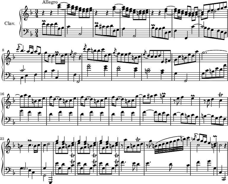 
\version "2.18.2"
\header {
  tagline = ##f
  % composer = "Domenico Scarlatti"
  % opus = "K. 524"
  % meter = "Allegro"
}

%% les petites notes
trillFq      = { \tag #'print { f8\prall } \tag #'midi { g32 f g f } }
trillDqUp    = { \tag #'print { d'8\prall } \tag #'midi { e32 d e d } }
trillBesqUp  = { \tag #'print { bes'8\prall } \tag #'midi { c32 bes c bes } }
trillEqp     = { \tag #'print { e8.\prall } \tag #'midi { f32 e f e~ e16 } }
trillG       = { \tag #'print { g4\prall } \tag #'midi { a32 g a g~ g8 } }
trillC       = { \tag #'print { c4\trill } \tag #'midi { d32 c d c~ c8 } }
trillCp      = { \tag #'print { c4.\prall } \tag #'midi { d32 c d c~ c4 } }
trillCq      = { \tag #'print { c8\trill } \tag #'midi { d32 c d c } }
trillD       = { \tag #'print { d4\prall } \tag #'midi { e32 d e d~ d8 } }
trillE       = { \tag #'print { e4\prall } \tag #'midi { f32 e f e~ e8 } }

upper = \relative c'' {
  \clef treble 
  \key f \major
  \time 3/4
  \tempo 4 = 112

      s8*0^\markup{Allegro}
      r4 r4 < a' c >4~ | q8 < g bes >16 < f a > < e g >8 < d f > q < e g > | r4 r4 < f a >4~ |
      q8 < e g >16 < d f > < c e >8 < b d > q < c e > |
      % ms. 5
      r4 r4 < d f >4~ | q8 < c e >16 < bes d > < a c >8 < g bes > 
      << { bes8 c~ | c d e f g a | \acciaccatura c8 bes4. a16 g a8 f } 
       \\ { g,8 a~ a d~ d2 } >>
      % ms. 9
      g8 d d4 \trillEqp d32 e | \acciaccatura e8 f2 r4 | \acciaccatura d'8 c8 b b c d, e | \acciaccatura g8 f8 e e f b, c |
      % ms. 13
      \acciaccatura e8 d8 c c d e, fis | g c b e d a' | g2.~ | g8 a g b, c e |
      % ms. 17
      \repeat unfold 2 { f16 d8.~ d8 b c e } | f16 d8.~ d8 b c g'~ | g8 gis a4 \trillG |
      % ms. 21
      r8 e8 f4 \trillE | r8 c8 d4 \trillC | b4  \trillCp b16 c | c4 d2 |
      % ms. 25
       \repeat unfold 3 { << { g4 < d f > e } \\ { e8 g, a b \trillC } >> } r8 a'8 a, b \trillCq d8 |
      % ms. 29
      r8 g8 b,32( c d e f g a b) c4 | << { \acciaccatura b8 \stemUp a8 g16 f e4 \trillD } \\ { c2 b4 } >> c2 r4 |

}

lower = \relative c' {
  \clef bass
  \key f \major
  \time 3/4

    % ************************************** \appoggiatura a16  \repeat unfold 2 {  } \times 2/3 { }   \omit TupletNumber 
      \trillFq e8 e f a, bes | c4 c,2 | \trillDqUp cis8 cis d f, g | a4 a,2 |
      % ms. 5
      \trillBesqUp a8 a bes d, e | f4 f, << { \stemDown c''4~ | \stemUp c2 s4 | c2. } \\ { s4 bes8 a g f e d | c4 e f } >> |
      % ms. 9
      bes4 c c, | f f,2 | < f'' a >2 < e g >4 | < d f >2 < c e >4 |
      % ms. 13
      < b d >2 < a c >4 | g g,2 | g'8 c b e d a' | g4 f e |
      % ms. 17
      \repeat unfold 3 { d4 f e } | f4~ f8 d e c |
      % ms. 21
      d4~ d8 b c a | b4~ b8 g a f | << { g2. | g4 } \\ { g4 e c | g2 } >> g,4 |
      % ms. 25
      \repeat unfold 3 { e'''8 g, d' g, \trillC } | f4. e8 d4 |
      % ms. 29
      e4. d8 c4 | f g g, c, c,2 |

}

thePianoStaff = \new PianoStaff <<
    \set PianoStaff.instrumentName = #"Clav."
    \new Staff = "upper" \upper
    \new Staff = "lower" \lower
  >>

\score {
  \keepWithTag #'print \thePianoStaff
  \layout {
      #(layout-set-staff-size 17)
    \context {
      \Score
     \override TupletBracket.bracket-visibility = ##f
     \override SpacingSpanner.common-shortest-duration = #(ly:make-moment 1/2)
      \remove "Metronome_mark_engraver"
    }
  }
}

\score {
  \keepWithTag #'midi \thePianoStaff
  \midi { \set Staff.midiInstrument = #"harpsichord" }
}
