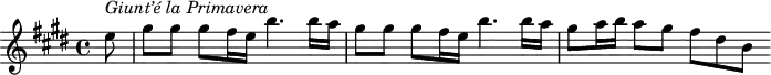 
\version "2.18.2"
\header {
  tagline = ##f
}

\score {
  \new Staff \with {

  }
<<
     \relative c'' { 
     \tempo "Allegro" 
     \key e \major 
     \time 4/4 
   \partial 8 e8^\markup { \italic "Giunt’é la Primavera" } | gis8 gis gis fis16 e b'4. b16 a |
   gis8 gis gis fis16 e b'4. b16 a | gis8 a16 b a8 gis fis8[dis b] }
>>

  \layout {
    #(layout-set-staff-size 18)
     \override SpacingSpanner.common-shortest-duration = #(ly:make-moment 1/2)
     \context { \Score \remove "Metronome_mark_engraver" }
  }
  \midi { }
}

