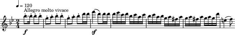 
\relative c'' {
  \version "2.18.2"
  \key bes \major
  \time 2/4
  \tempo 4 = 120
  \tempo "Allegro molto vivace"
  bes'8.-. ^\markup {Allegro molto vivace}  \f bes16-. bes8-. bes-. g-. a-. bes-. bes-. g-. a-. bes-. d16 d
  f4 \sf (d8) d16 d
  d16 ees c d bes c a c bes c a bes g a fis a
  g a fis a g a g d'
  e,!4 (f8)
  
}
