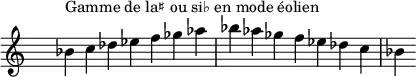 \relative c'' {
\clef treble \time 7/4 \hide Staff.TimeSignature bes4^\markup { Gamme de la♯ ou si♭ en mode éolien } c des ees f ges aes bes aes ges f ees des c bes
}