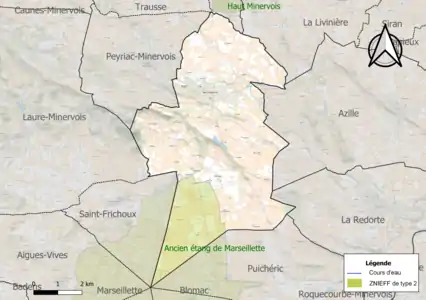 Carte de la ZNIEFF de type 2 sur la commune.
