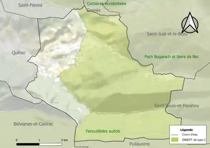 Carte des ZNIEFF de type 2 sur la commune.