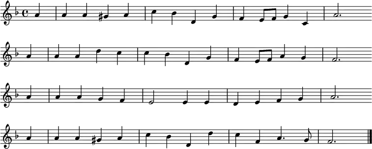 
\transpose c bes,
\new Staff <<
\clef treble \key g \major {
   \time 4/4 \partial 4   
   \relative g' {
	b4 | b b ais b | d c e, a | g fis8 g a4 d, | b'2. \bar"" \break 
    b4 | b b e d | d c e, a | g fis8 g b4 a | g2. \bar"" \break 
    b4 | b b a g | fis2 fis4 fis | e fis g a | b2. \bar"" \break
    b4 | b b ais b | d c e, e' | d g, b4. a8 | g2. \bar"|."
   }
  }
%\new Lyrics \lyricmode {
%}
>>
\layout { indent = #0 }
\midi { \tempo 4 = 80 }
