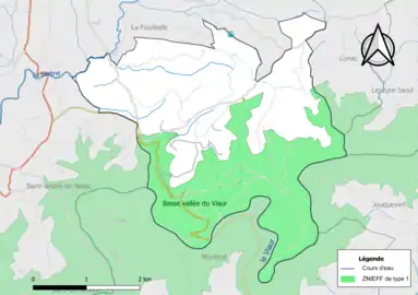 Carte de la ZNIEFF de type 1 de la commune.